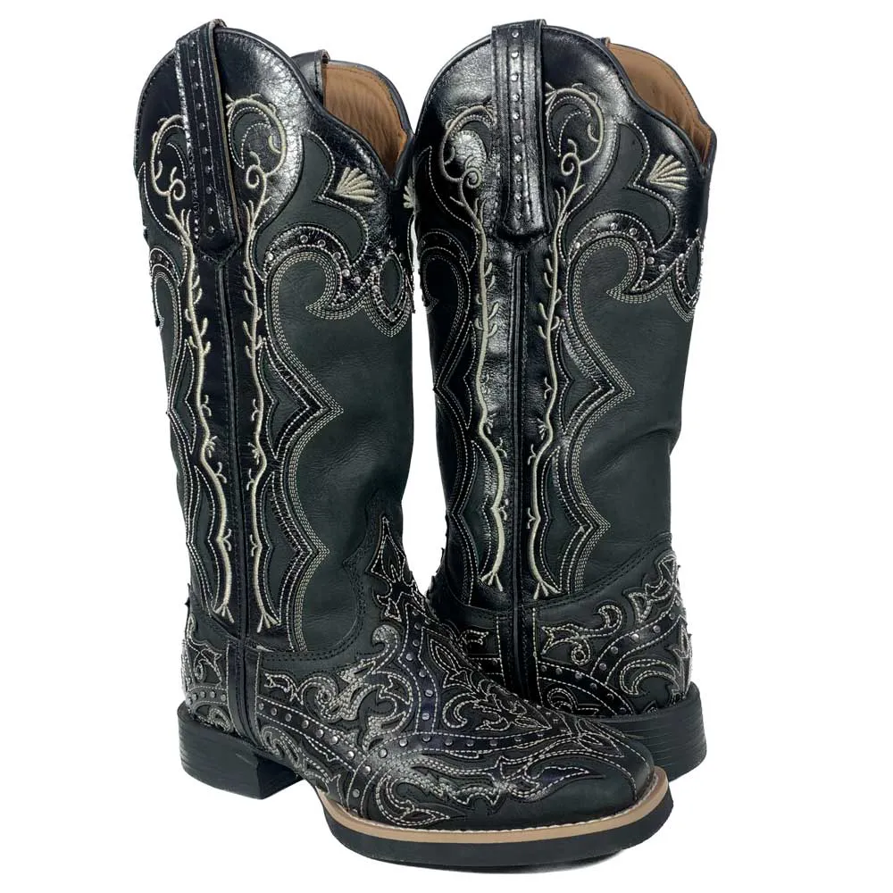 Bota Feminina Country Preta Bordada Bico Quadrado Vimar